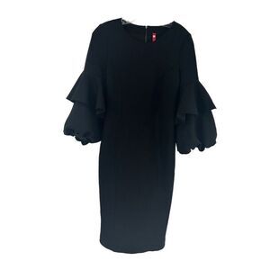 IC Collection Dress Black Scuba Knit 3/4 Sleeve Dramatic Ruffle Size XS Stretch